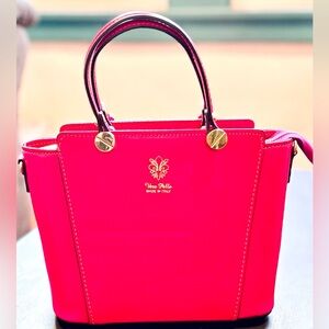 New! Vera Pelle Italian Leather Satchel in Fuchsia/Pink w/ Crossbody Strap